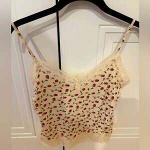 Reformation Floral Lace Trim Tank Top - Cream and Red